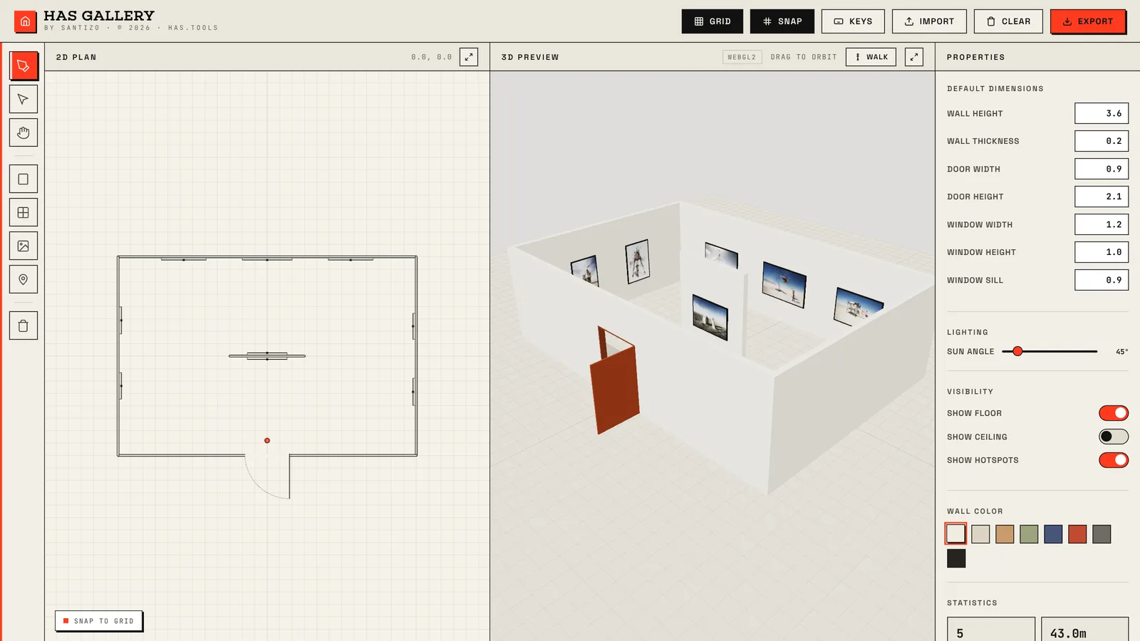 HAS Gallery: the floor plan on the left, the same room in 3D in the middle with photographs on the walls, properties on the right