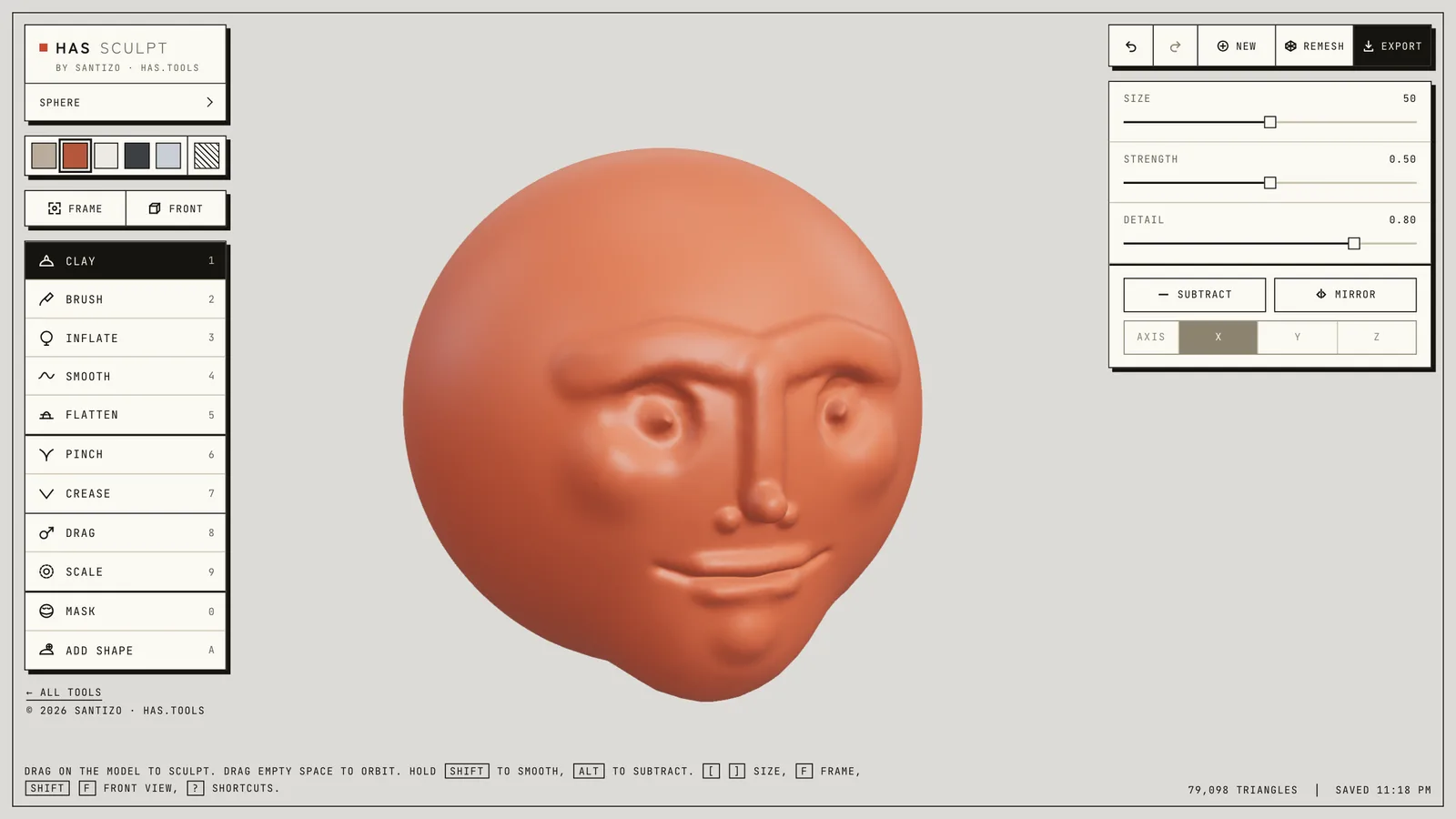 HAS Sculpt: a terracotta clay head in the middle, the brushes on the left, size, strength and mirror settings on the right