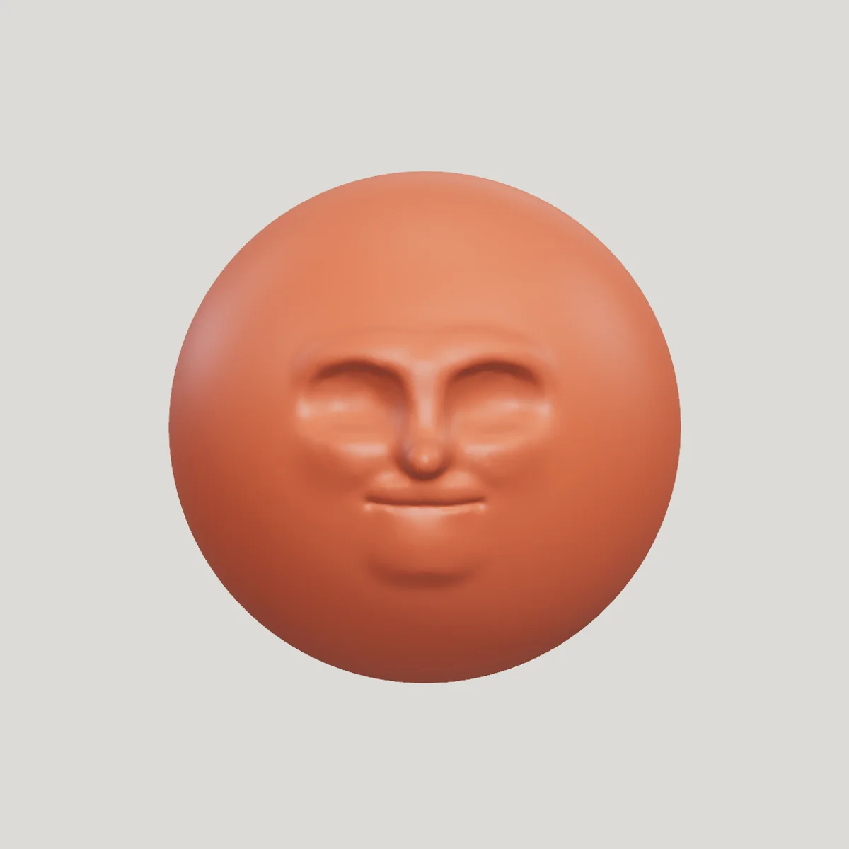 A terracotta clay head sculpted from a sphere: brow, closed eyes, nose, lips and chin