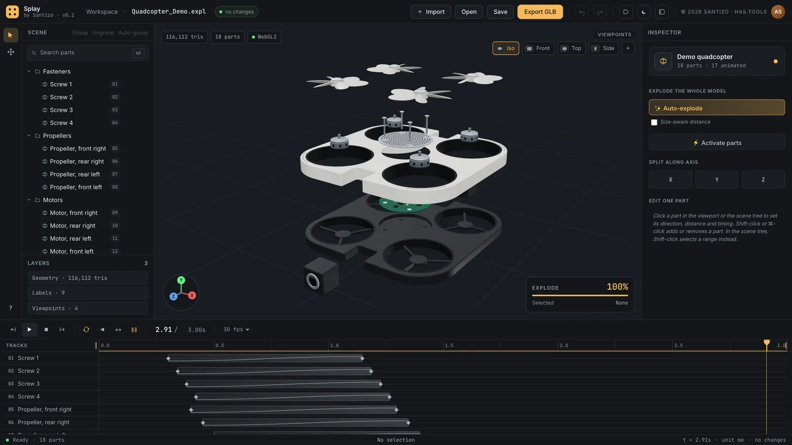 Splay: the scene tree on the left, an exploded camera drone in the viewport, the inspector on the right and the timeline below