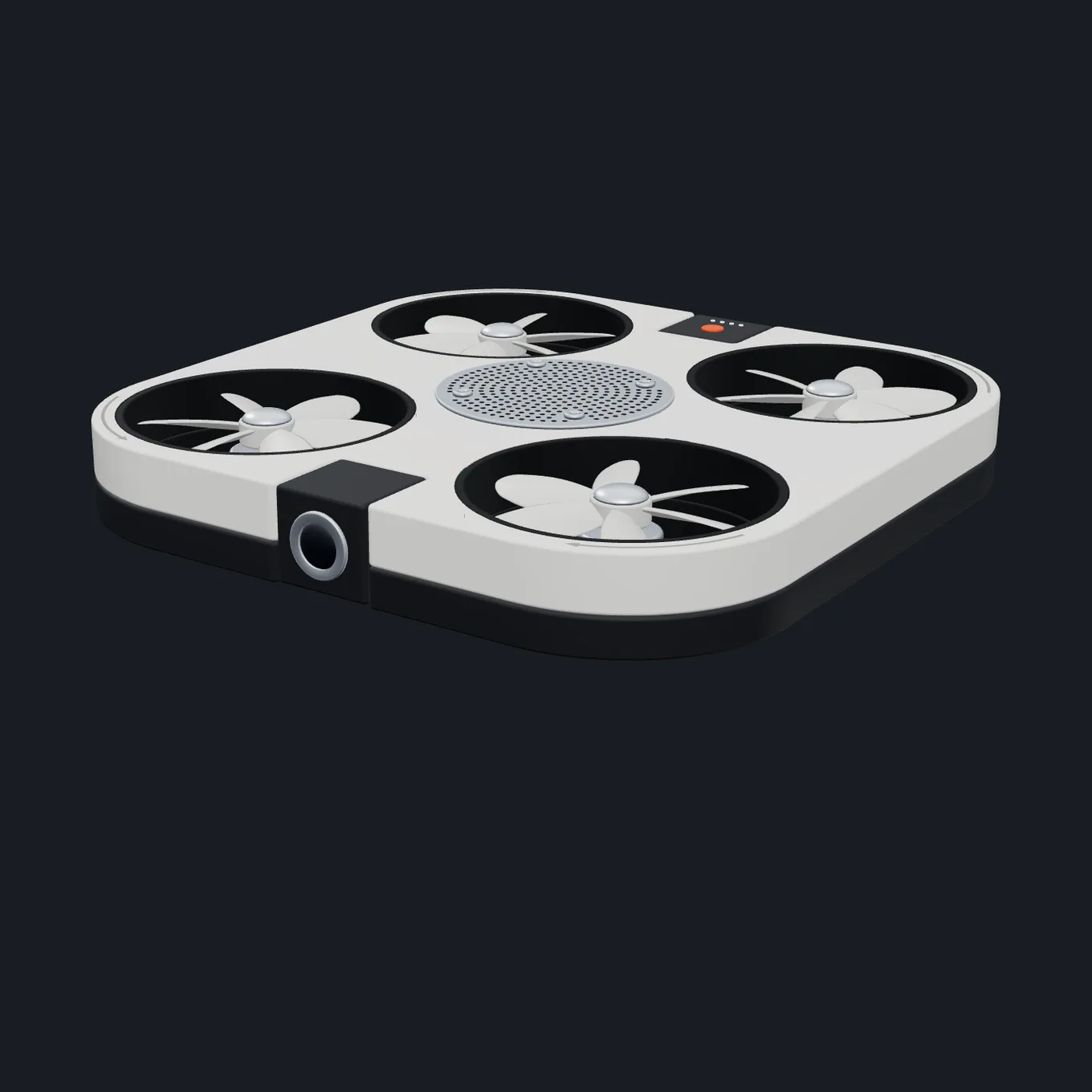 A white camera drone with four propellers, assembled