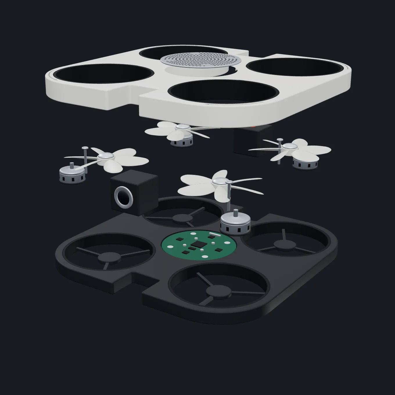 The same drone coming apart: shell, propellers, motors, camera and circuit board separating in layers