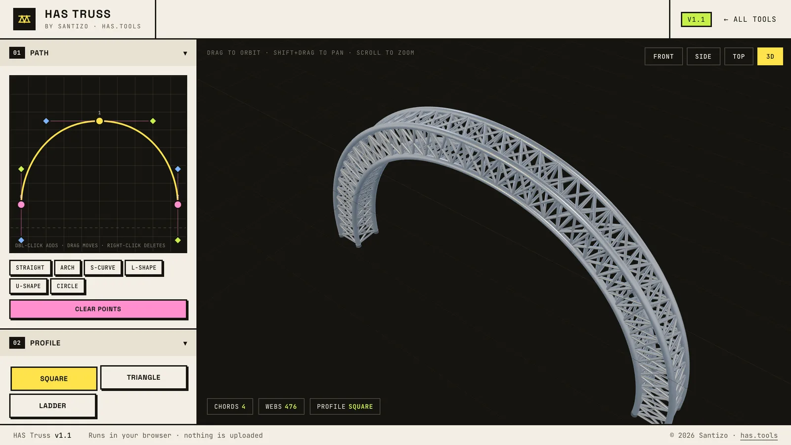 HAS Truss: the path editor and profile settings on the left, an arched square truss in the viewport