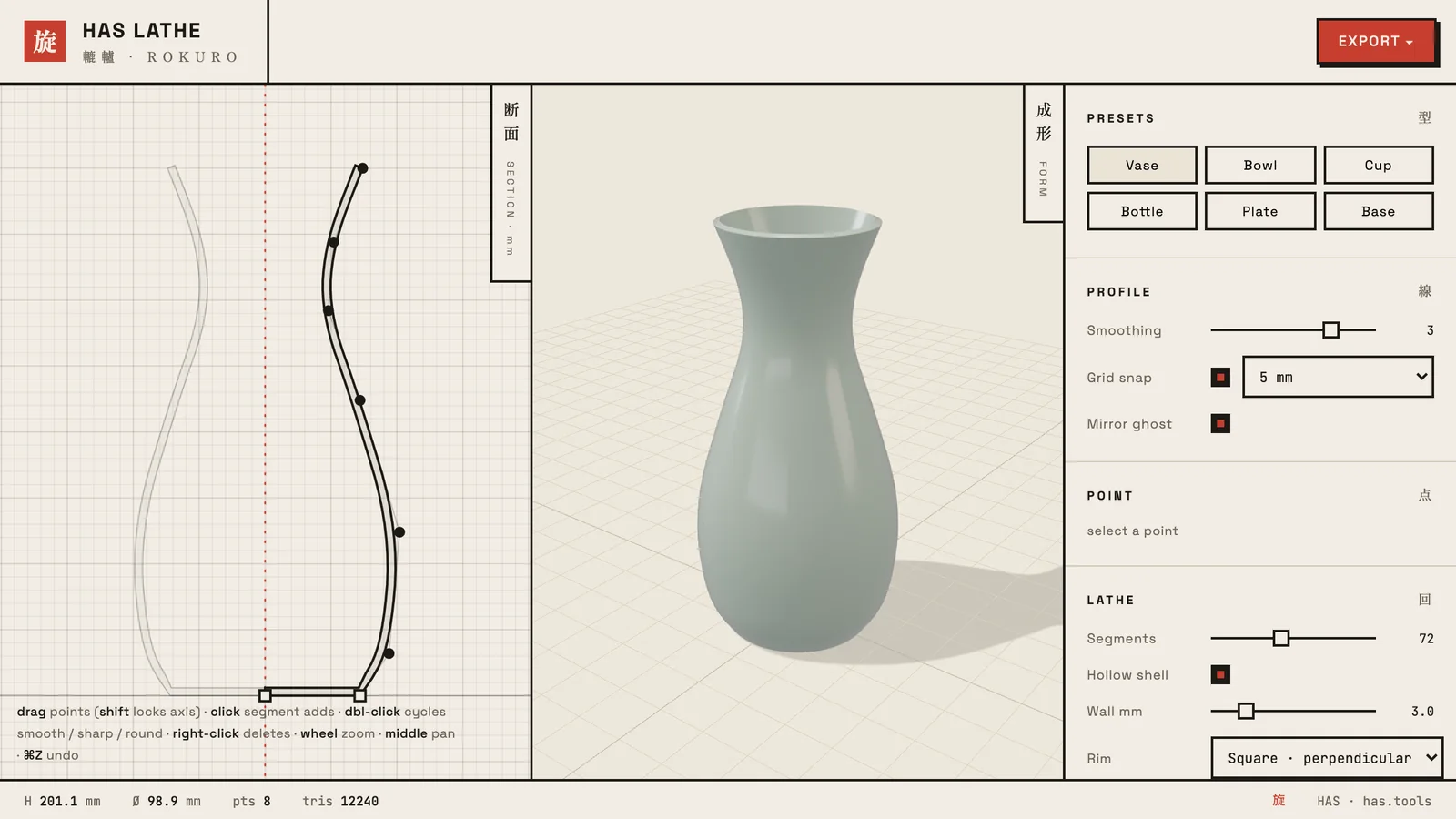 HAS Lathe: the section profile editor on the left, the revolved vase on the right, presets and settings in the side panel
