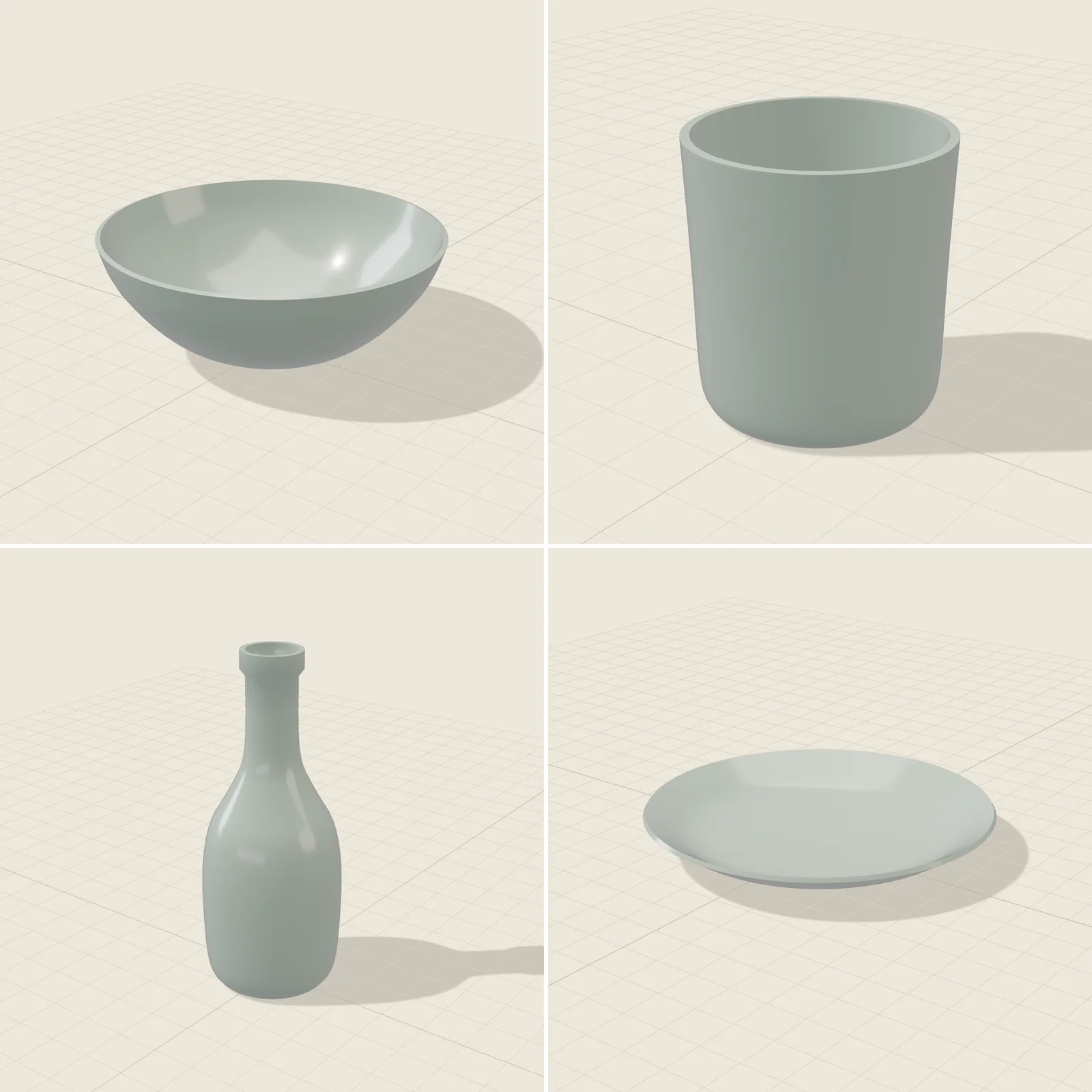 Four HAS Lathe presets in celadon: a bowl, a cup, a bottle and a plate