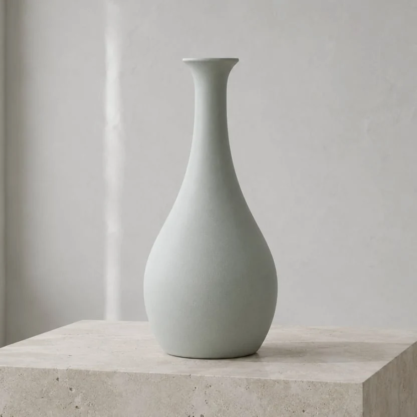 A pale celadon vase with a long narrow neck on a stone plinth
