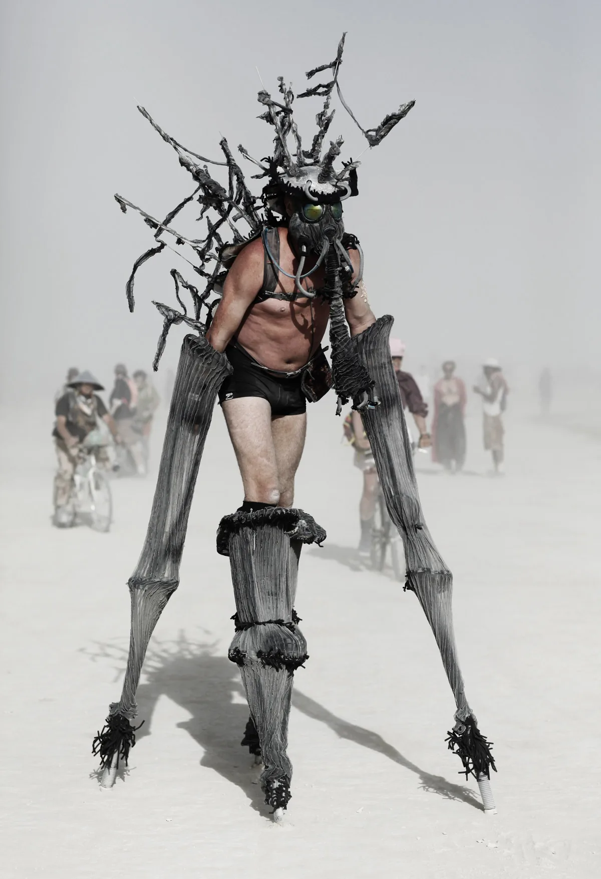 A figure on tall stilts in a spiked costume, walking through the dust