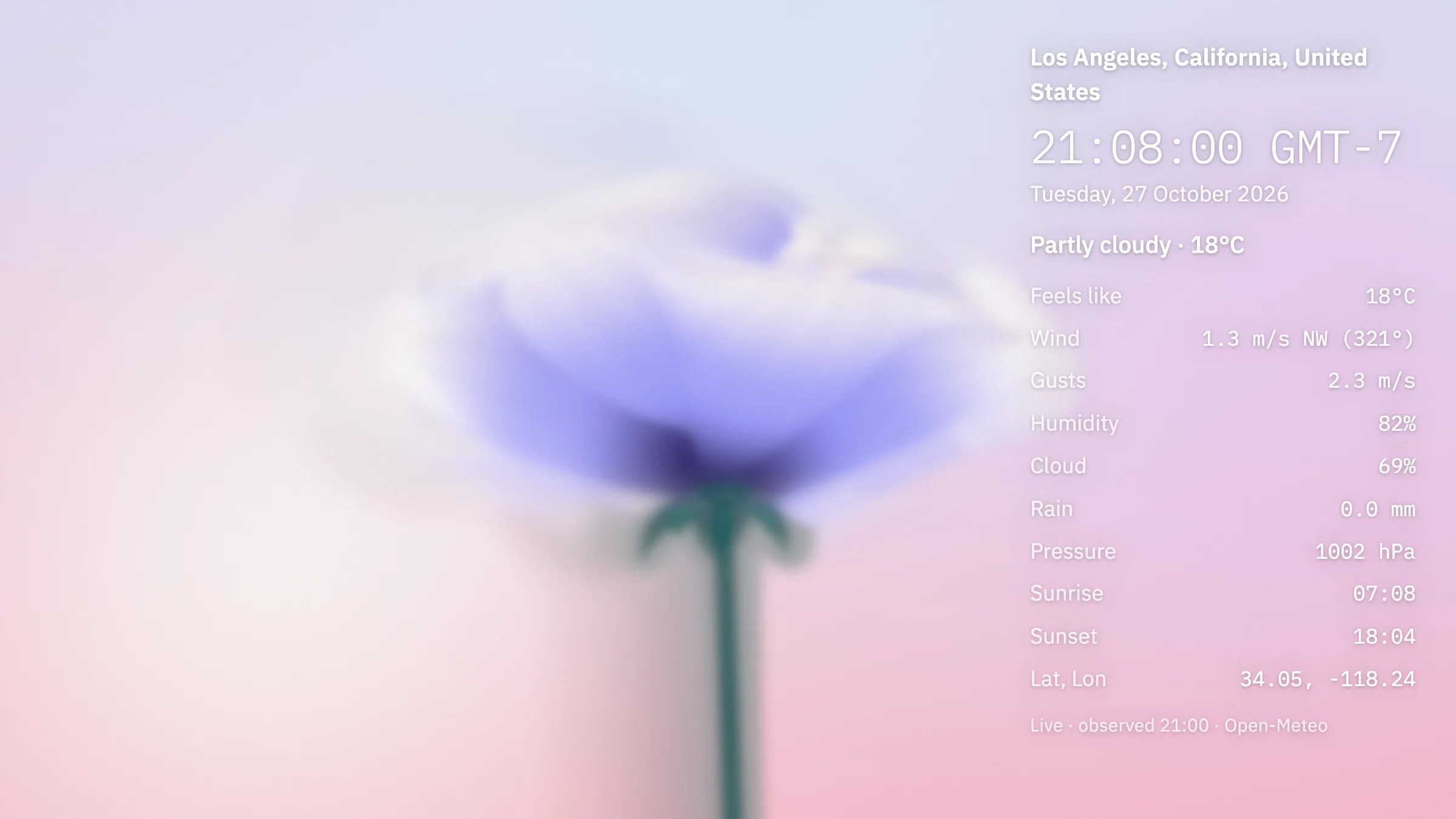 HAS Flora running with its controls hidden: a lavender peony on a soft pink backdrop, and the live data for Los Angeles at twice its size on the right: 21:08 on Tuesday, 27 October 2026, partly cloudy, 18°C, wind 1.3 m/s from the northwest, gusts 2.3, humidity 82%, cloud 69%, pressure 1002 hPa, sunrise 07:08 and sunset 18:04