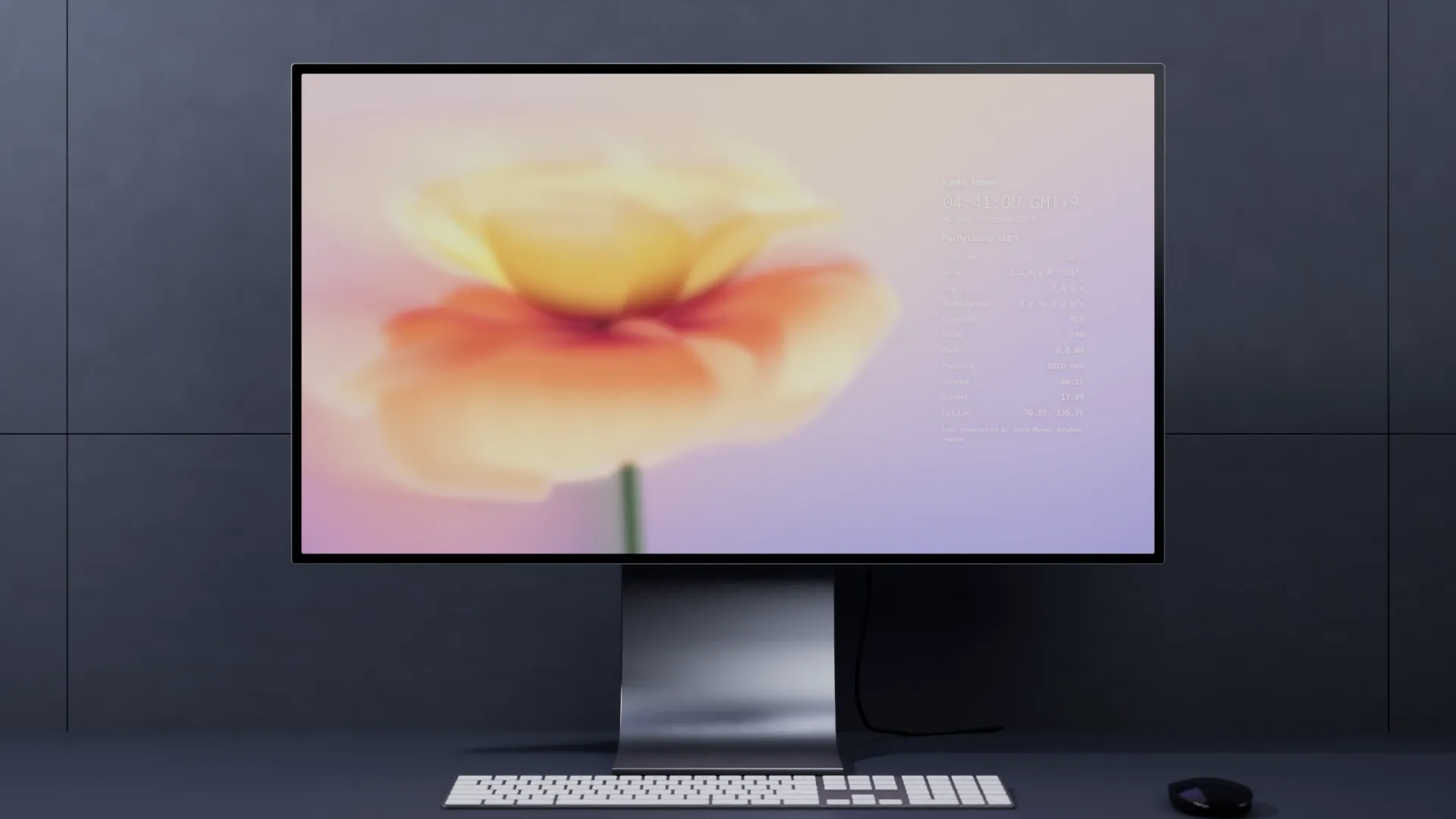 A single monitor on a desk in Unreal Engine, showing a yellow and orange poppy on a pastel backdrop