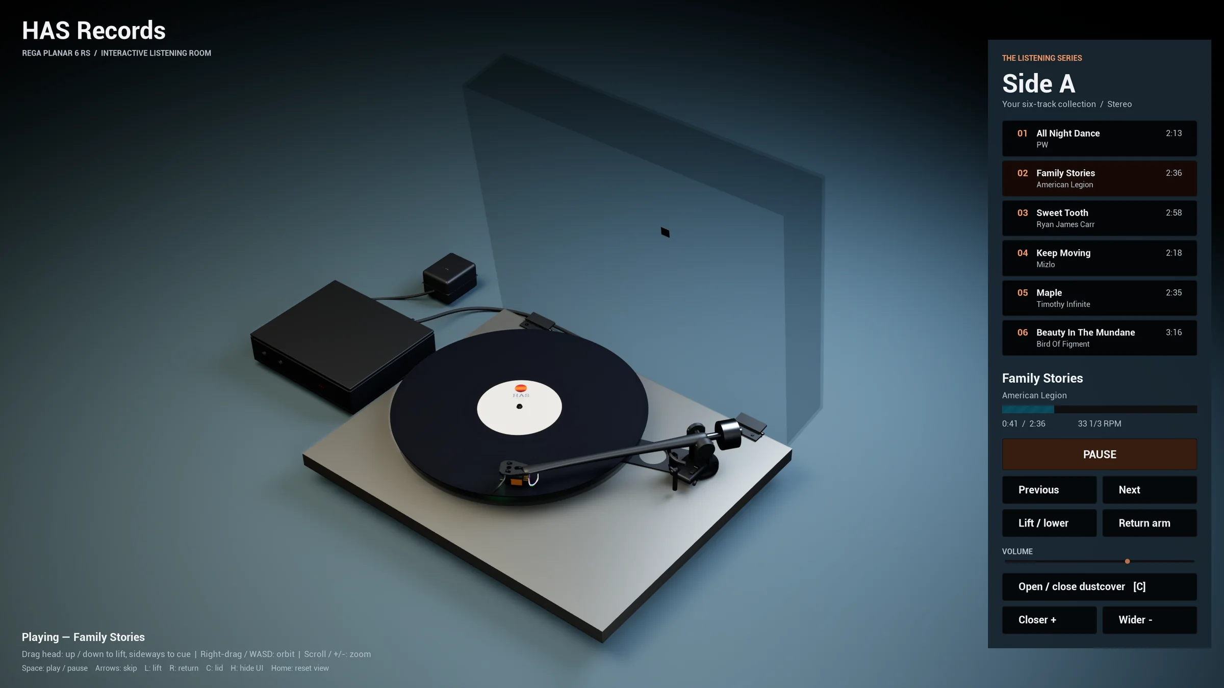HAS Records running: a Rega Planar 6 RS with its dustcover raised and a HAS Records LP playing, with the side A track list, transport buttons and volume in the panel on the right