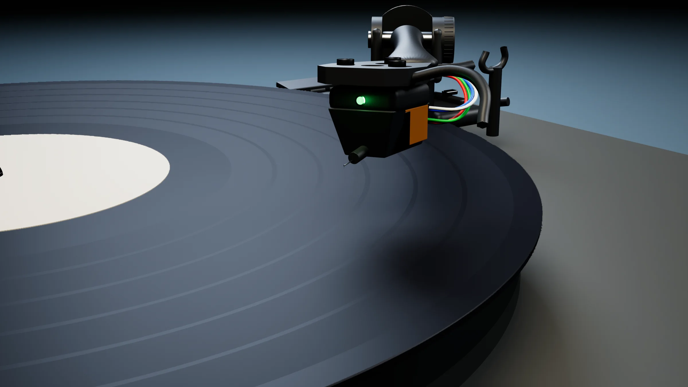 Low close-up of the tonearm lifted above the record, the stylus hovering over the grooves with its green light on
