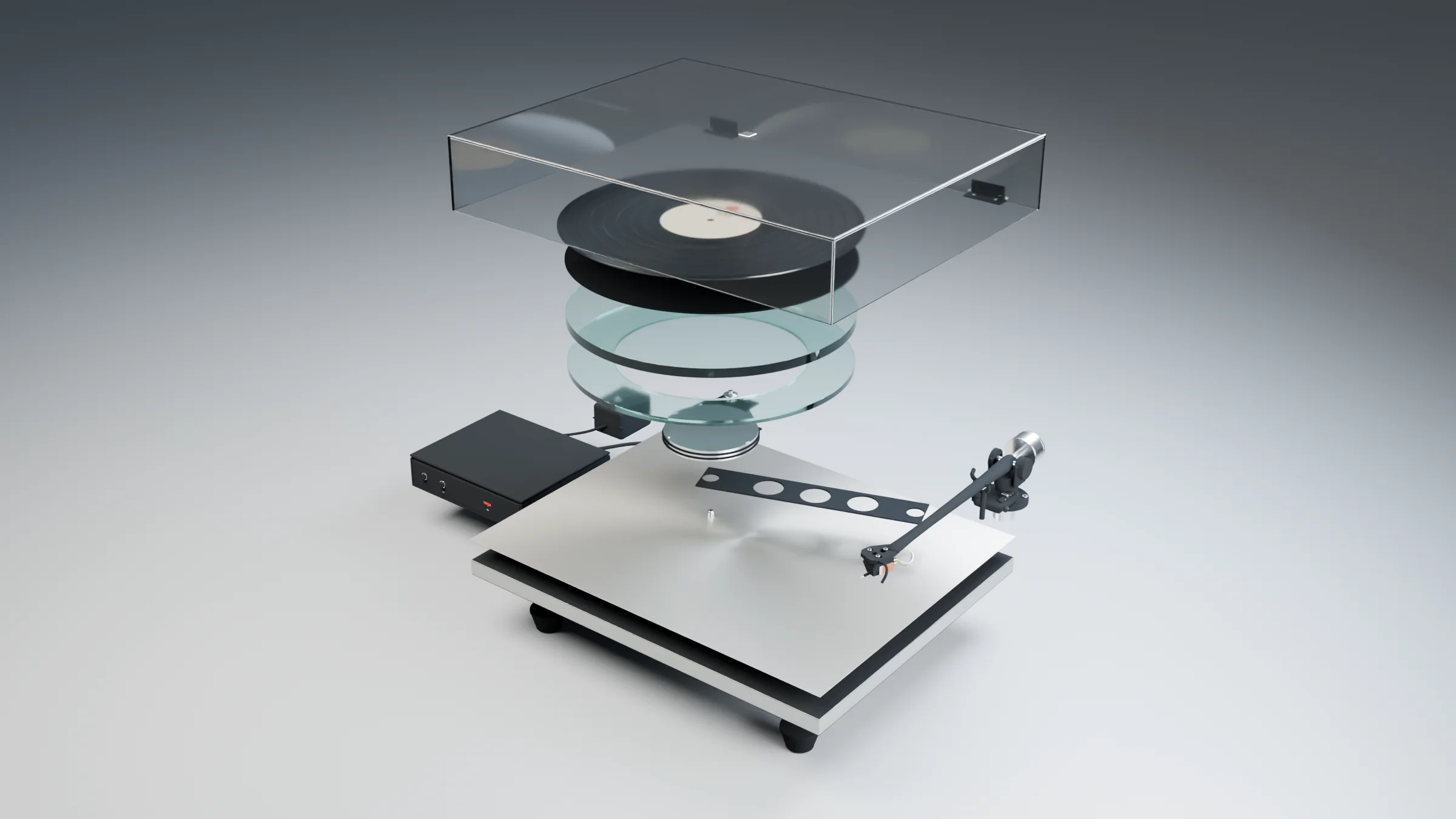 Exploded Blender render: the dustcover, record, felt mat and glass platter floating in a stack above the bearing, the perforated brace and the plinth, with the tonearm and power supply in place
