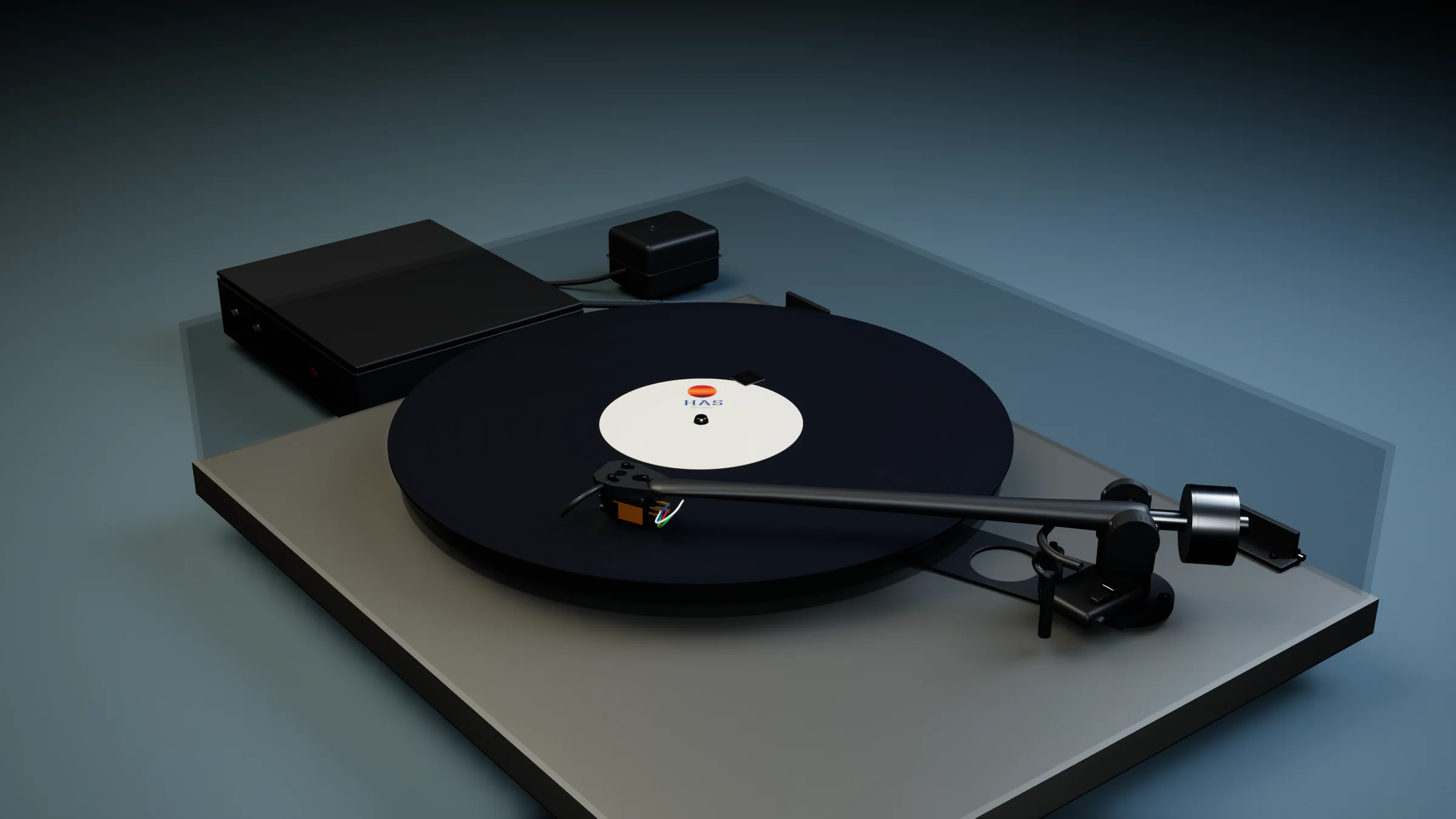 The turntable with its smoked dustcover closed over the spinning HAS Records LP