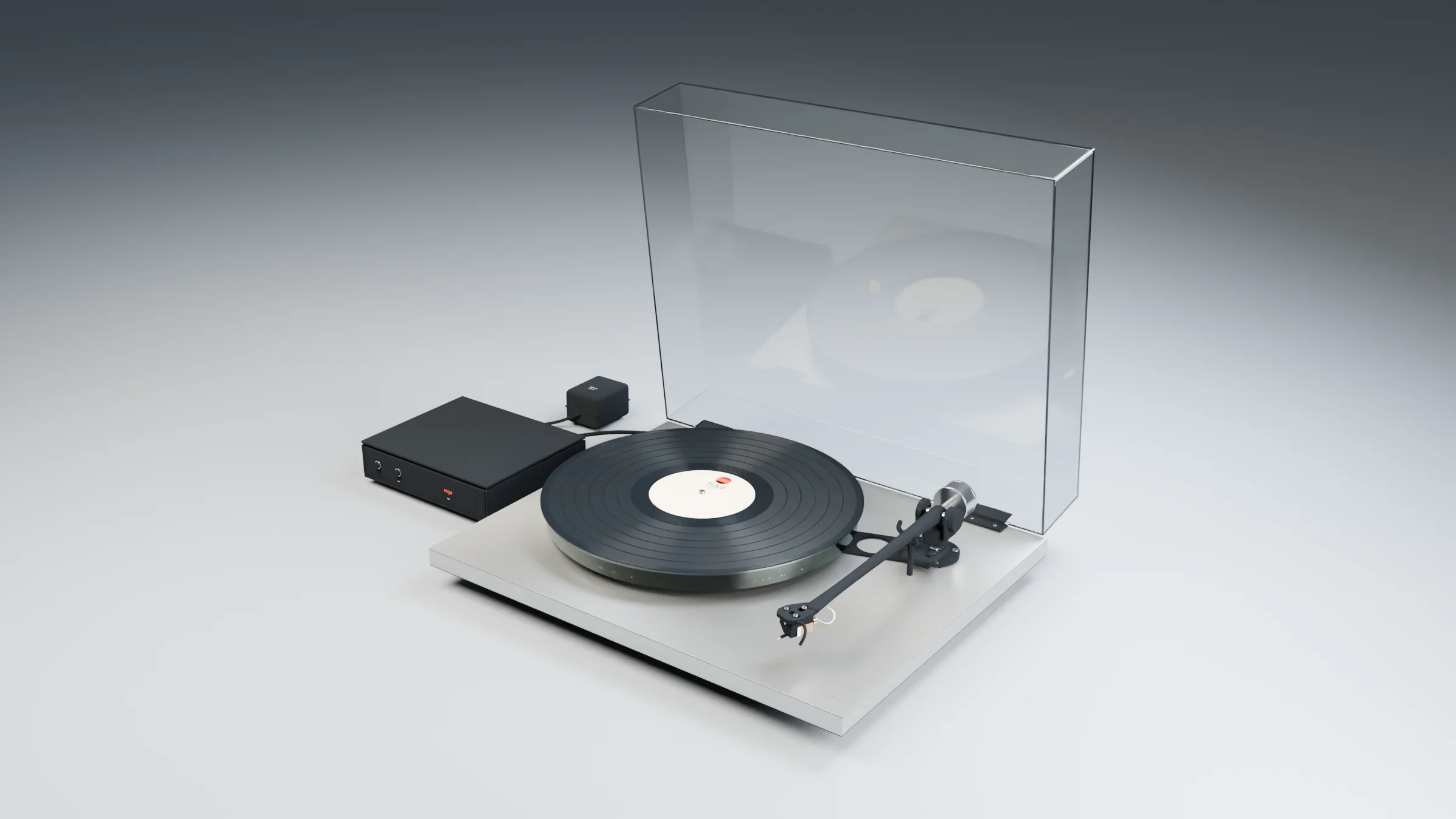 Blender render of the Rega Planar 6 RS with a HAS Records LP, its smoked dustcover raised and the Neo power supply beside it