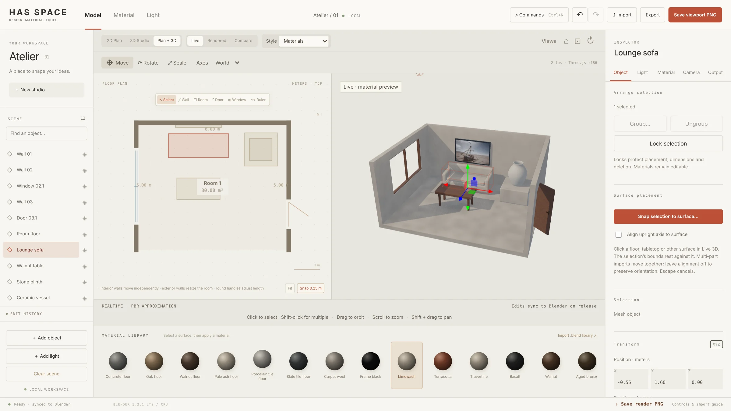 The HAS Space interface in Plan + 3D: the floor plan of a furnished room beside the live 3D view, with the scene list, the material library and the inspector