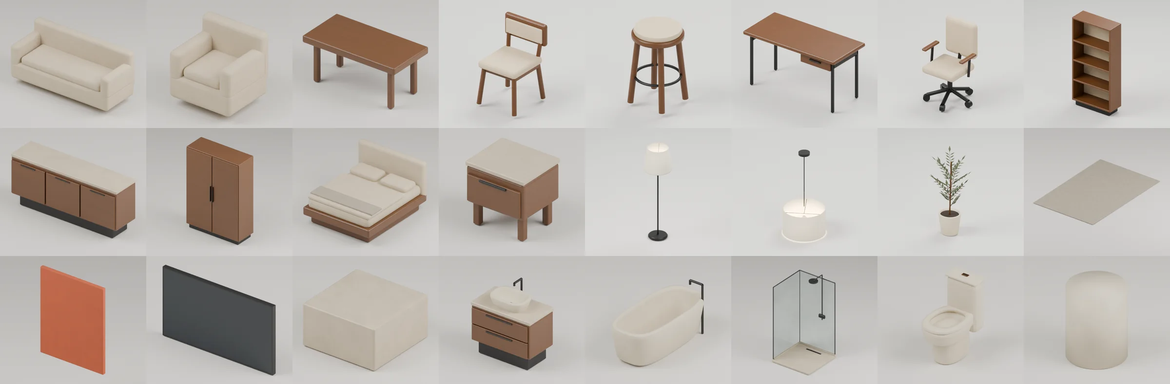 The built-in objects: sofa, armchair, tables, chairs, stool, desk, office chair, bookcase, credenza, closet, bed, nightstand, lamps, plant, carpet, artwork, screen, plinth and bathroom pieces