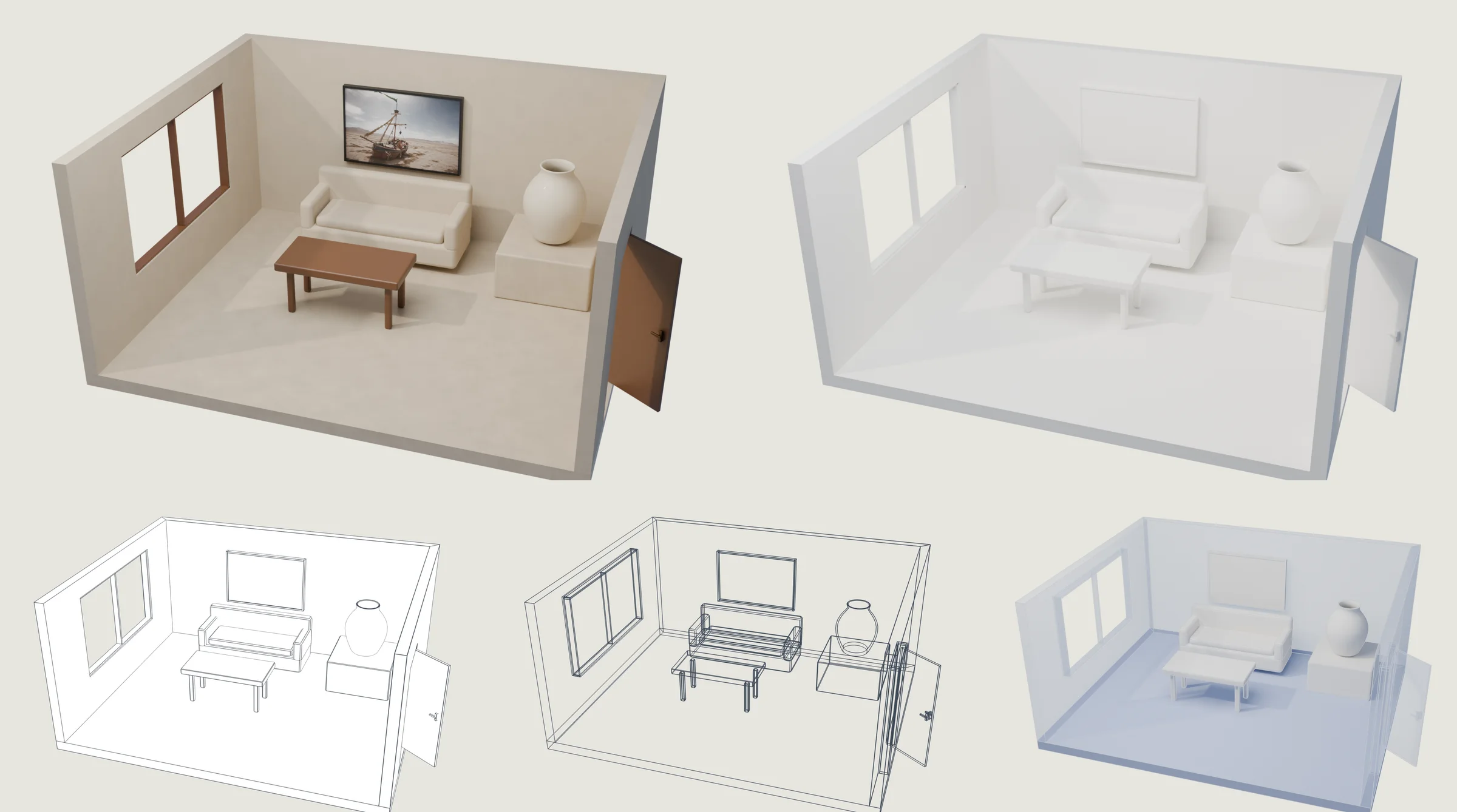 The same furnished room rendered five ways: with materials, as clay, in outline, as an X-ray outline and in frosted glass