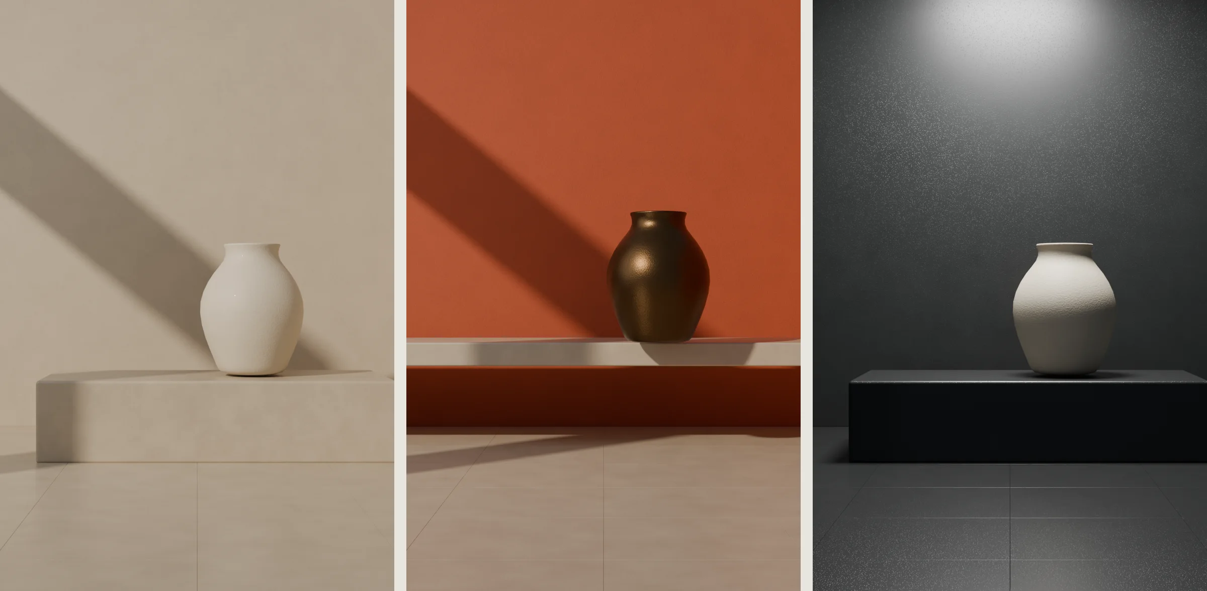 Three HAS Space renders of the same ceramic vessel on a plinth: a pale limewash gallery, a terracotta room and a dark room lit from above