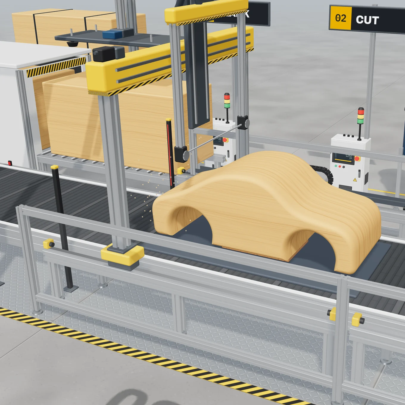 Raw birch coupe bodies on the conveyor after the cut
