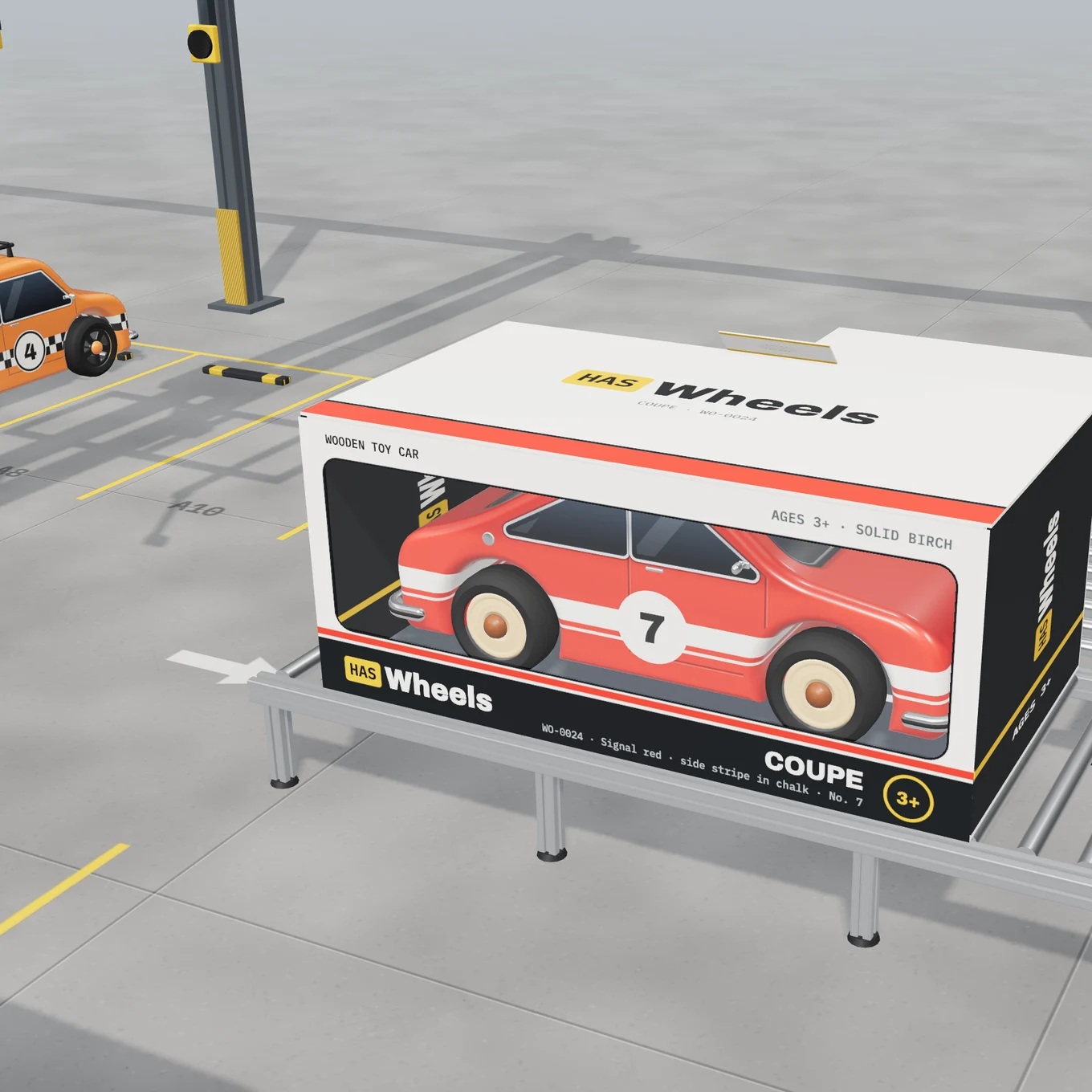 A red No. 7 coupe boxed in a windowed HAS Wheels carton