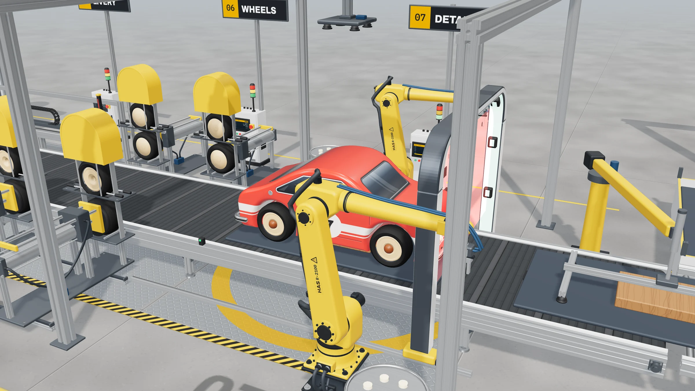 Yellow robot arms fitting parts to a red coupe at the Detail station