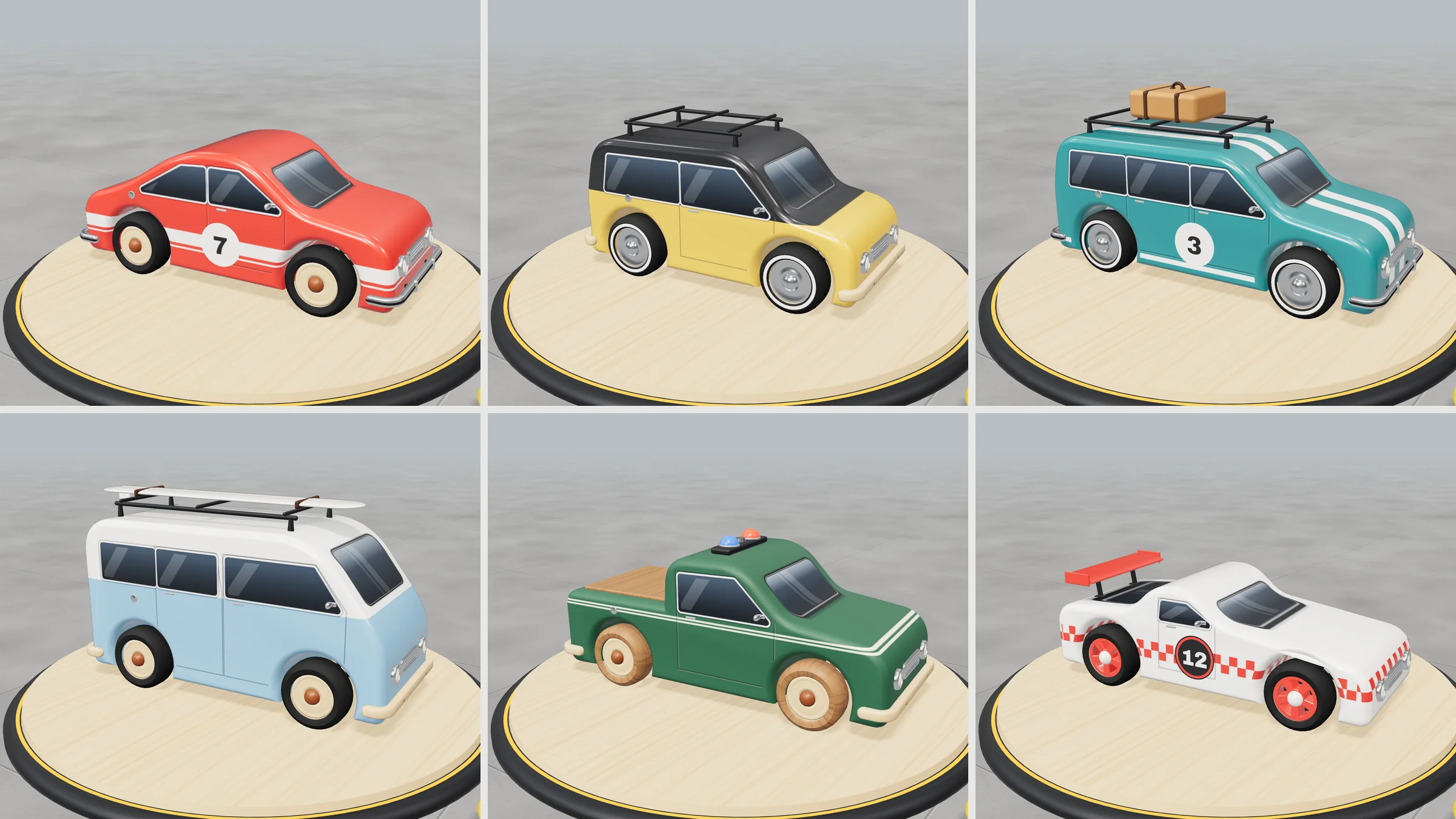The six models on the order-preview turntable: a red coupe, a mustard hatch, a teal wagon, a sky-blue van with a surfboard, a green pickup and a white racer with a red checker band