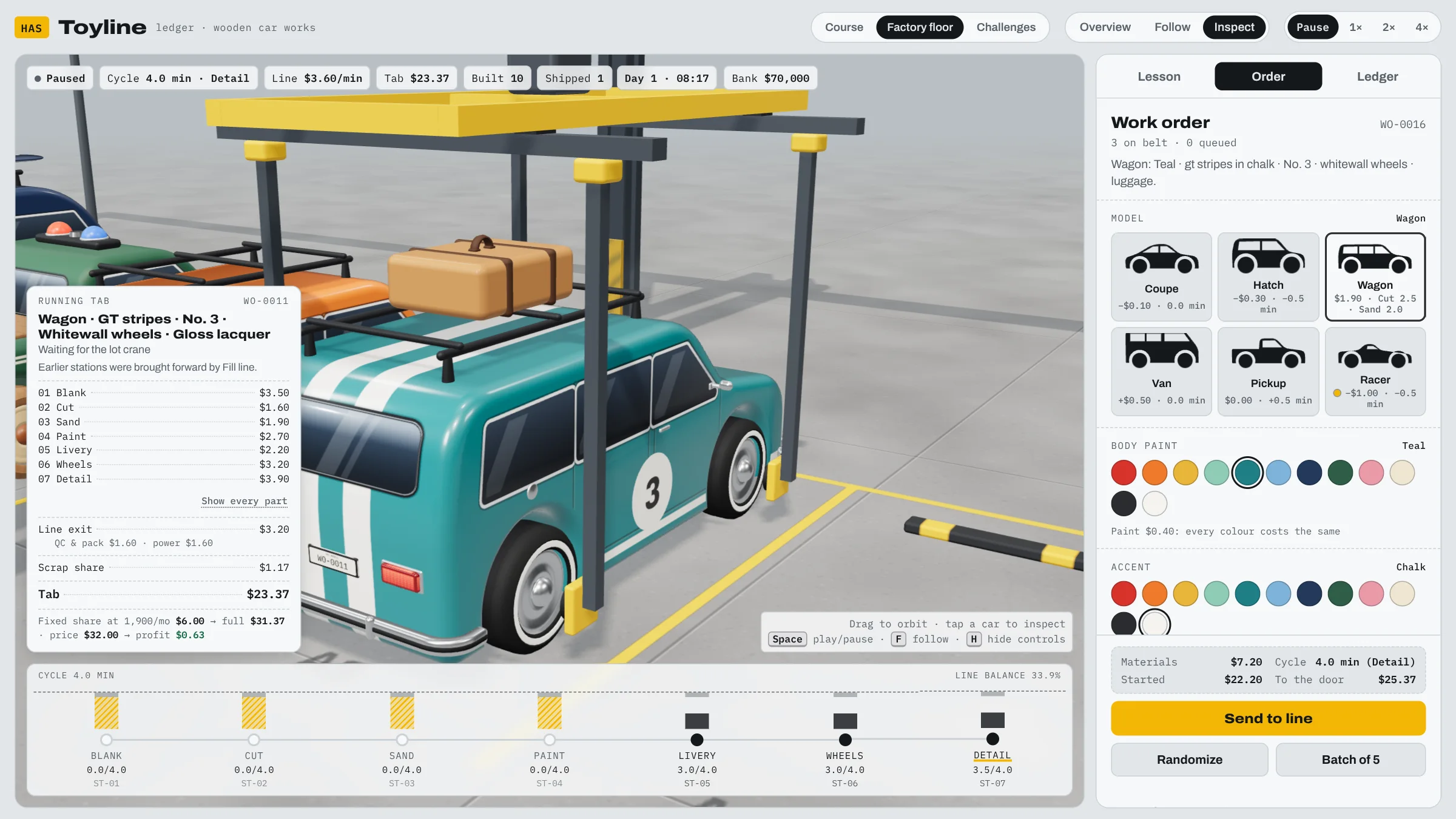 HAS Toyline with the Order tab open for a teal wagon with GT stripes, No. 3 and luggage on the roof; beside it, that wagon built and parked in the lot, with its running tab
